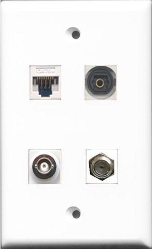 RiteAV 1 Port Coax Cable TV- F-Type and 1 Port Toslink and 1 Port BNC and 1 Port Cat5e Ethernet White Wall Plate