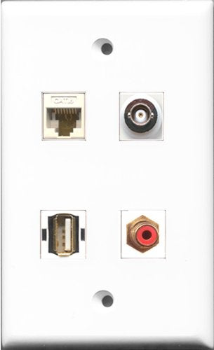 RiteAV 1 Port RCA Red and 1 Port USB A-A and 1 Port BNC and 1 Port Cat6 Ethernet White Wall Plate