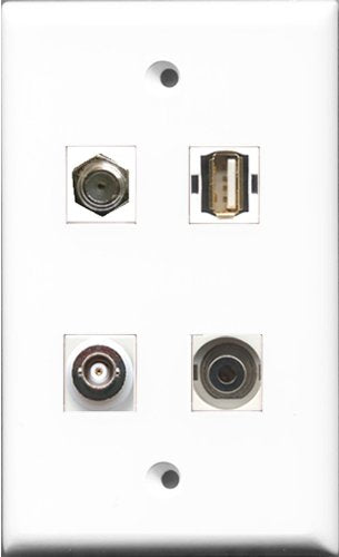 RiteAV 1 Port Coax Cable TV- F-Type and 1 Port USB A-A and 1 Port 3.5mm and 1 Port BNC Wall Plate