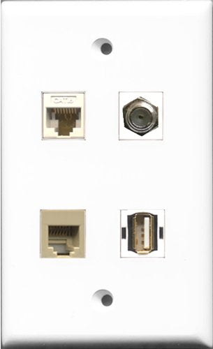 RiteAV 1 Port Coax Cable TV- F-Type and 1 Port USB A-A and 1 Port Phone RJ11 RJ12 Beige and 1 Port Cat6 Ethernet White Wall Plate