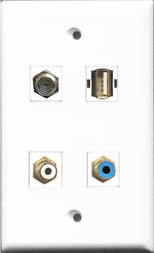 RiteAV 1 Port RCA White and 1 Port RCA Blue and 1 Port Coax Cable TV- F-Type and 1 Port USB A-A Wall Plate