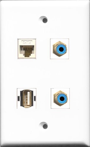 RiteAV - 2 Port RCA Blue and 1 Port USB A-A and 1 Port Cat6 Ethernet White Wall Plate
