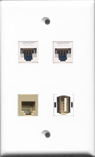 RiteAV - 1 Port USB A-A and 1 Port Phone RJ11 RJ12 Beige 2 Port Cat5e Ethernet White Wall Plate