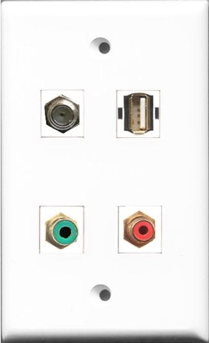 RiteAV 1 Port RCA Red and 1 Port RCA Green and 1 Port Coax Cable TV- F-Type and 1 Port USB A-A Wall Plate