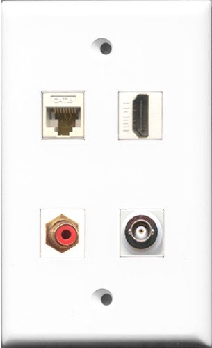 RiteAV 1 Port HDMI and 1 Port RCA Red and 1 Port BNC and 1 Port Cat6 Ethernet White Wall Plate
