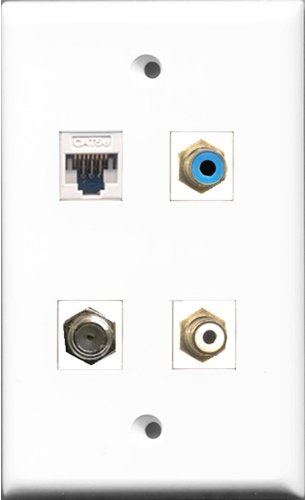 RiteAV 1 Port RCA White and 1 Port RCA Blue and 1 Port Coax Cable TV- F-Type and 1 Port Cat5e Ethernet White Wall Plate