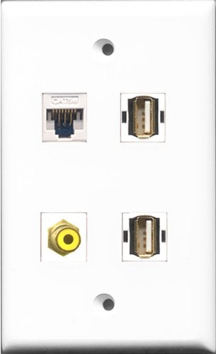 RiteAV 1 Port RCA Yellow 2 Port USB A-A and 1 Port Cat5e Ethernet White Wall Plate