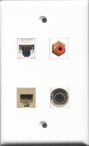 RiteAV 1 Port RCA Red and 1 Port Phone RJ11 RJ12 Beige and 1 Port 3.5mm and 1 Port Cat5e Ethernet White Wall Plate