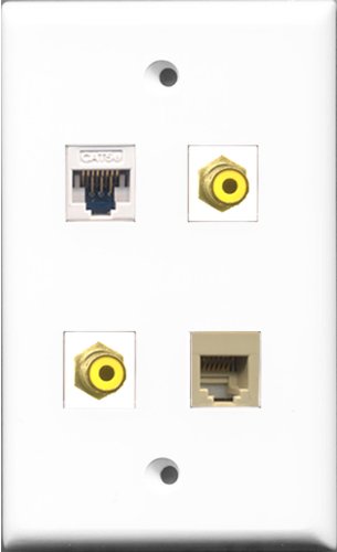RiteAV - 2 Port RCA Yellow and 1 Port Phone RJ11 RJ12 Beige and 1 Port Cat5e Ethernet White Wall Plate