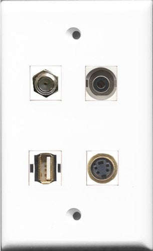 RiteAV 1 Port Coax Cable TV- F-Type and 1 Port USB A-A and 1 Port S-Video and 1 Port 3.5mm Wall Plate