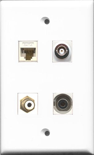 RiteAV 1 Port RCA White and 1 Port 3.5mm and 1 Port BNC and 1 Port Cat6 Ethernet White Wall Plate