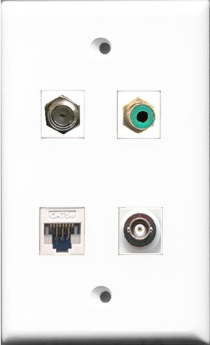 RiteAV 1 Port RCA Green and 1 Port Coax Cable TV- F-Type and 1 Port BNC and 1 Port Cat5e Ethernet White Wall Plate