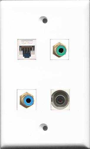RiteAV 1 Port RCA Green and 1 Port RCA Blue and 1 Port 3.5mm and 1 Port Cat5e Ethernet White Wall Plate