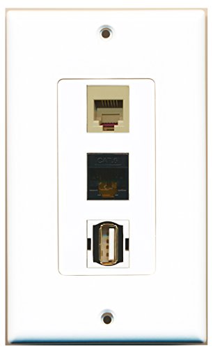 RiteAV - 1 Port USB A-A and 1 Port Phone RJ11 RJ12 Beige and 1 Port Cat6 Ethernet Black Decorative Wall Plate Decorative