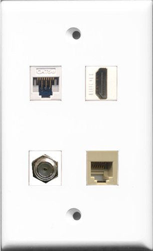 RiteAV - 1 Port HDMI and 1 Port Coax Cable TV- F-Type and 1 Port Phone RJ11 RJ12 Beige and 1 Port Cat5e Ethernet White Wall Plate