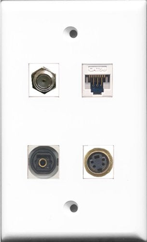 RiteAV 1 Port Coax Cable TV- F-Type and 1 Port S-Video and 1 Port Toslink and 1 Port Cat5e Ethernet White Wall Plate