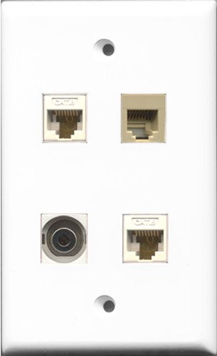 RiteAV 1 Port Phone RJ11 RJ12 Beige and 1 Port 3.5mm 2 Port Cat6 Ethernet White Wall Plate