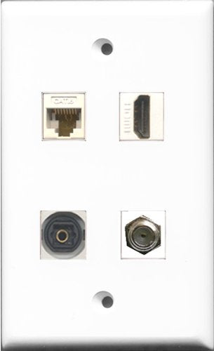RiteAV 1 Port HDMI and 1 Port Coax Cable TV- F-Type and 1 Port Toslink and 1 Port Cat6 Ethernet White Wall Plate