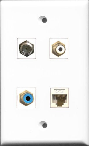 RiteAV 1 Port RCA White and 1 Port RCA Blue and 1 Port Coax Cable TV- F-Type and 1 Port Cat6 Ethernet White Wall Plate