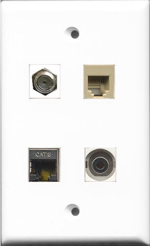 RiteAV 1 Port Coax Cable TV- F-Type and 1 Port Phone RJ11 RJ12 Beige and 1 Port Shielded Cat6 Ethernet and 1 Port 3.5mm Wall Plate