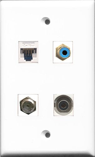 RiteAV 1 Port RCA Blue and 1 Port Coax Cable TV- F-Type and 1 Port 3.5mm and 1 Port Cat5e Ethernet White Wall Plate