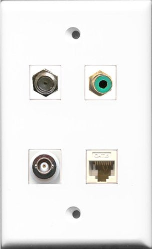 RiteAV 1 Port RCA Green and 1 Port Coax Cable TV- F-Type and 1 Port BNC and 1 Port Cat6 Ethernet White Wall Plate