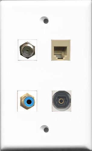 RiteAV 1 Port RCA Blue and 1 Port Coax Cable TV- F-Type and 1 Port Phone RJ11 RJ12 Beige and 1 Port Toslink Wall Plate