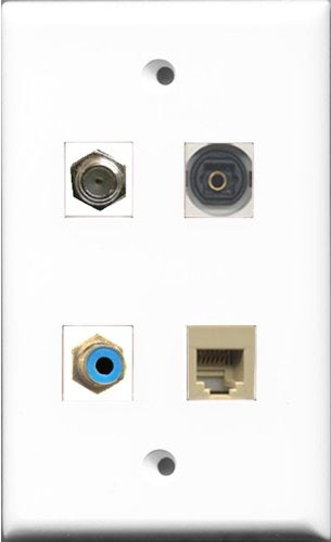 RiteAV 1 Port RCA Blue and 1 Port Coax Cable TV- F-Type and 1 Port Phone RJ11 RJ12 Beige and 1 Port Toslink Wall Plate