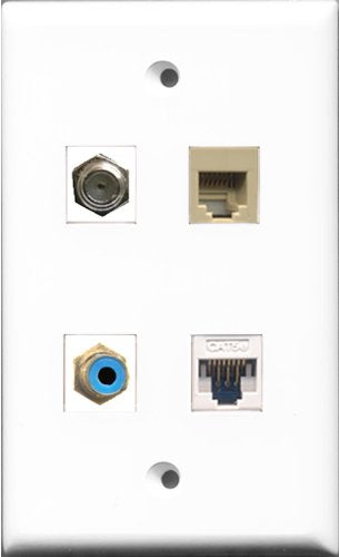 RiteAV 1 Port RCA Blue and 1 Port Coax Cable TV- F-Type and 1 Port Phone RJ11 RJ12 Beige and 1 Port Cat5e Ethernet White Wall Plate