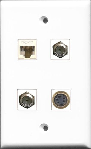 RiteAV - 2 Port Coax Cable TV- F-Type and 1 Port S-Video and 1 Port Cat6 Ethernet White Wall Plate