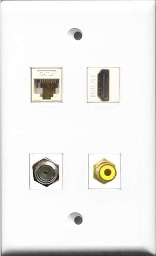 RiteAV 1 Port HDMI and 1 Port RCA Yellow and 1 Port Coax Cable TV- F-Type and 1 Port Cat6 Ethernet White Wall Plate