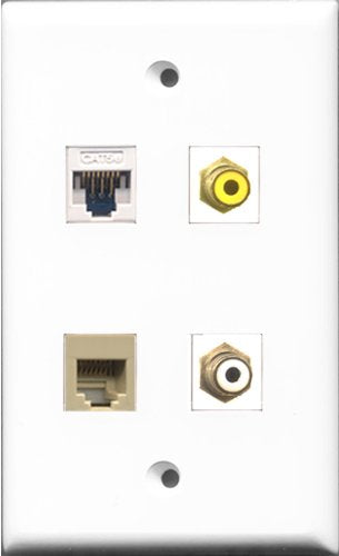 RiteAV 1 Port RCA White and 1 Port RCA Yellow and 1 Port Phone RJ11 RJ12 Beige and 1 Port Cat5e Ethernet White Wall Plate