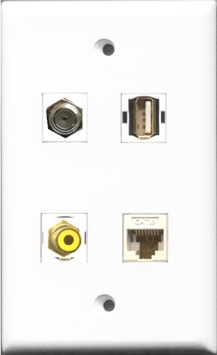 RiteAV 1 Port RCA Yellow and 1 Port Coax Cable TV- F-Type and 1 Port USB A-A and 1 Port Cat6 Ethernet White Wall Plate