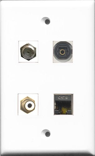 RiteAV 1 Port RCA White and 1 Port Coax Cable TV- F-Type and 1 Port Shielded Cat6 Ethernet and 1 Port Toslink Wall Plate