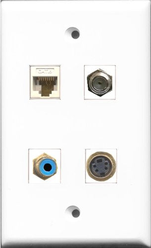 RiteAV 1 Port RCA Blue and 1 Port Coax Cable TV- F-Type and 1 Port S-Video and 1 Port Cat6 Ethernet White Wall Plate