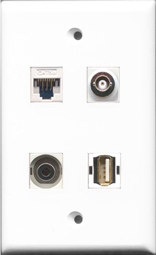 RiteAV - 1 Port USB A-A and 1 Port 3.5mm and 1 Port BNC and 1 Port Cat5e Ethernet White Wall Plate