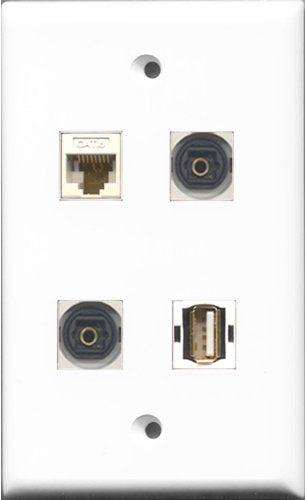 RiteAV 1 Port USB A-A 2 Port Toslink and 1 Port Cat6 Ethernet White Wall Plate