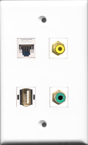 RiteAV 1 Port RCA Yellow and 1 Port RCA Green and 1 Port USB A-A and 1 Port Cat5e Ethernet White Wall Plate