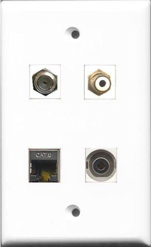 RiteAV 1 Port RCA White and 1 Port Coax Cable TV- F-Type and 1 Port Shielded Cat6 Ethernet and 1 Port 3.5mm Wall Plate