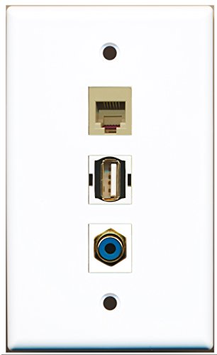 RiteAV - 1 Port RCA Blue and 1 Port USB A-A and 1 Port Phone RJ11 RJ12 Beige Wall Plate