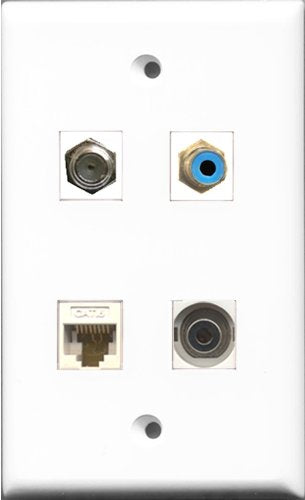 RiteAV 1 Port RCA Blue and 1 Port Coax Cable TV- F-Type and 1 Port 3.5mm and 1 Port Cat6 Ethernet White Wall Plate