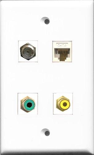 RiteAV 1 Port RCA Yellow and 1 Port RCA Green and 1 Port Coax Cable TV- F-Type and 1 Port Cat6 Ethernet White Wall Plate