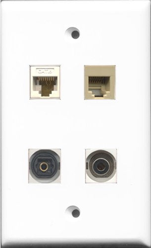 RiteAV 1 Port Phone RJ11 RJ12 Beige and 1 Port Toslink and 1 Port 3.5mm and 1 Port Cat6 Ethernet White Wall Plate