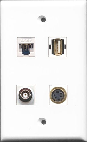 RiteAV 1 Port USB A-A and 1 Port S-Video and 1 Port BNC and 1 Port Cat5e Ethernet White Wall Plate