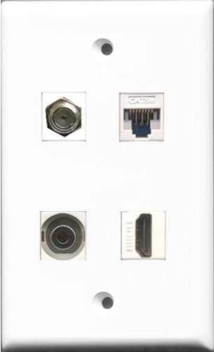 RiteAV 1 Port HDMI and 1 Port Coax Cable TV- F-Type and 1 Port 3.5mm and 1 Port Cat5e Ethernet White Wall Plate