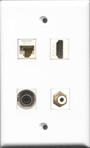 RiteAV 1 Port HDMI and 1 Port RCA White and 1 Port 3.5mm and 1 Port Cat6 Ethernet White Wall Plate