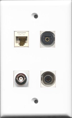 RiteAV 1 Port Toslink and 1 Port 3.5mm and 1 Port BNC and 1 Port Cat6 Ethernet White Wall Plate