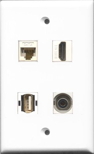 RiteAV 1 Port HDMI and 1 Port USB A-A and 1 Port 3.5mm and 1 Port Cat6 Ethernet White Wall Plate