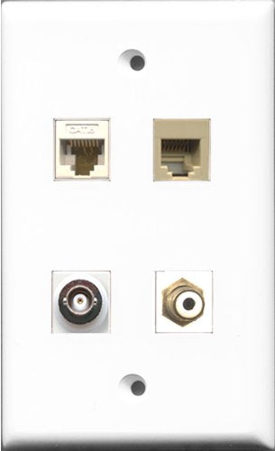 RiteAV 1 Port RCA White and 1 Port Phone RJ11 RJ12 Beige and 1 Port BNC and 1 Port Cat6 Ethernet White Wall Plate