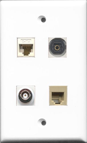RiteAV 1 Port Phone RJ11 RJ12 Beige and 1 Port Toslink and 1 Port BNC and 1 Port Cat6 Ethernet White Wall Plate